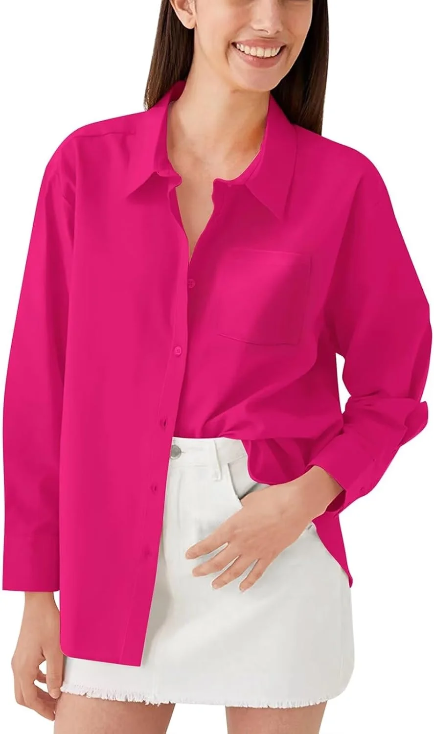 پیراهن دکمه دار زنانه POWSEEN، بلوز آستین بلند، یقه هفت، تونیک های غیر رسمی، لباس اداری، تاپ های ساده با جیب پیراهن دکمه دار زنانه POWSEEN، بلوز آستین بلند، یقه هفت، تونیک های غیر رسمی، لباس اداری، تاپ های ساده با جیب