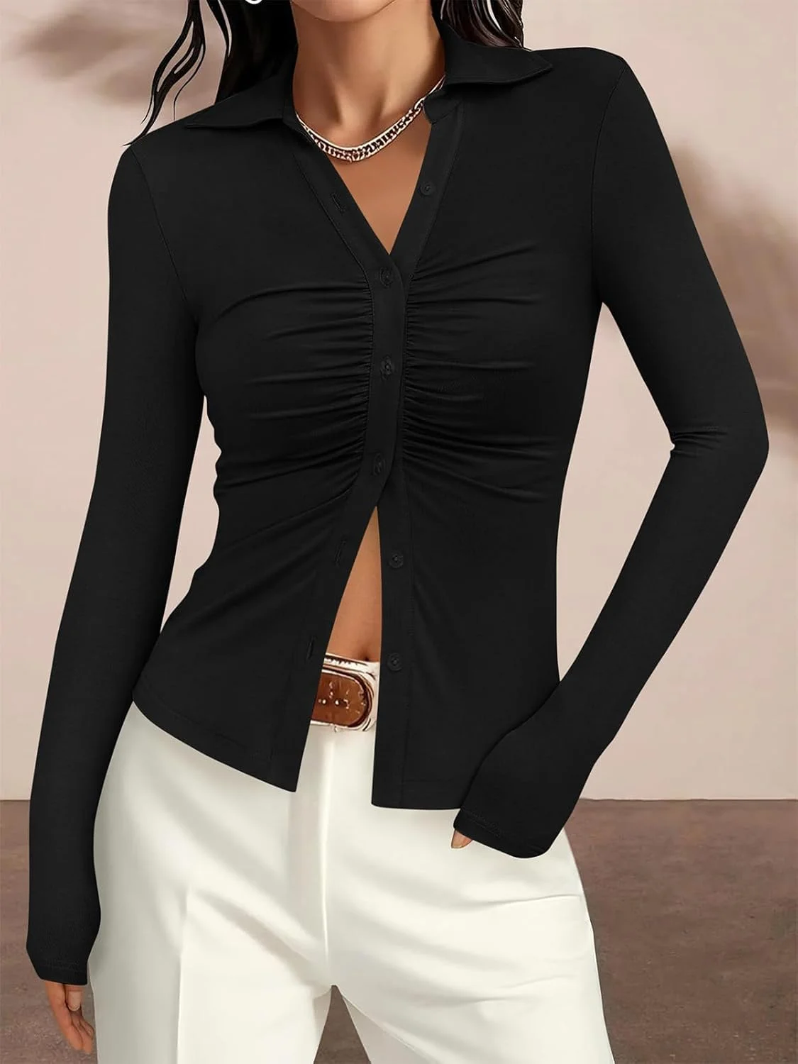 پیراهن زنانه دکمه دار PRETTYGARDEN، یقه هفت، مدل جمع شده، آستین بلند، مناسب استایل غیر رسمی پاییزه