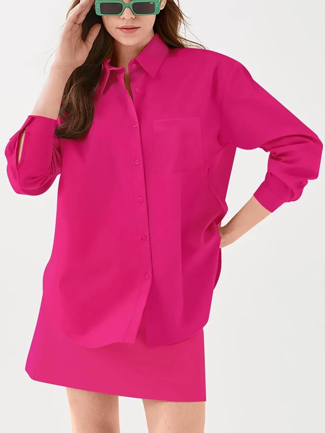 پیراهن دکمه دار زنانه POWSEEN، بلوز آستین بلند، یقه هفت، تونیک های غیر رسمی، لباس اداری، تاپ های ساده با جیب