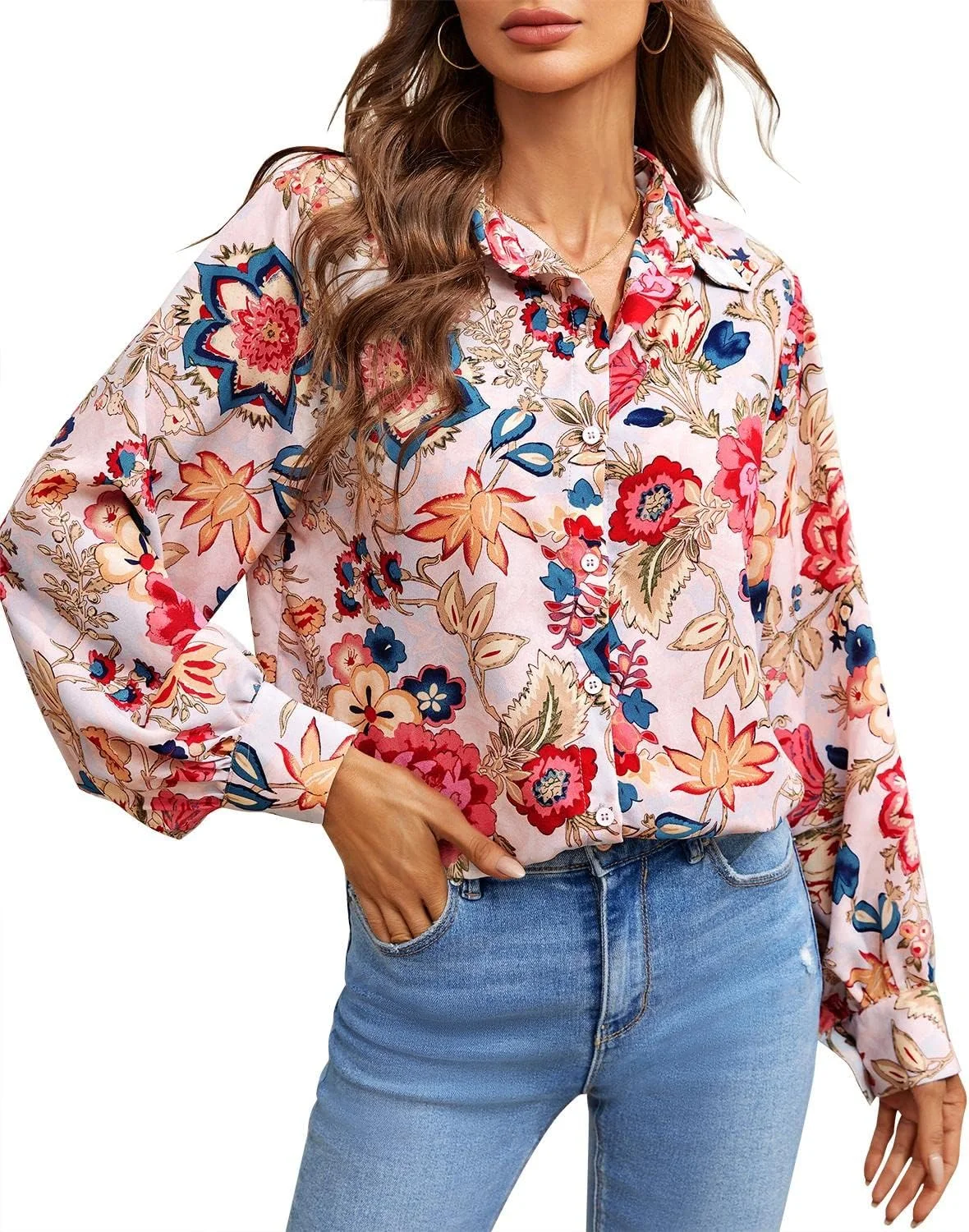 PLNOTME بلوز زنانه دکمه دار، آستین بلند، یقه دار، طرح گلدار، جنس شیفون، آبی روشن، سایز M PLNOTME بلوز زنانه دکمه دار، آستین بلند، یقه دار، طرح گلدار، جنس شیفون، آبی روشن، سایز M