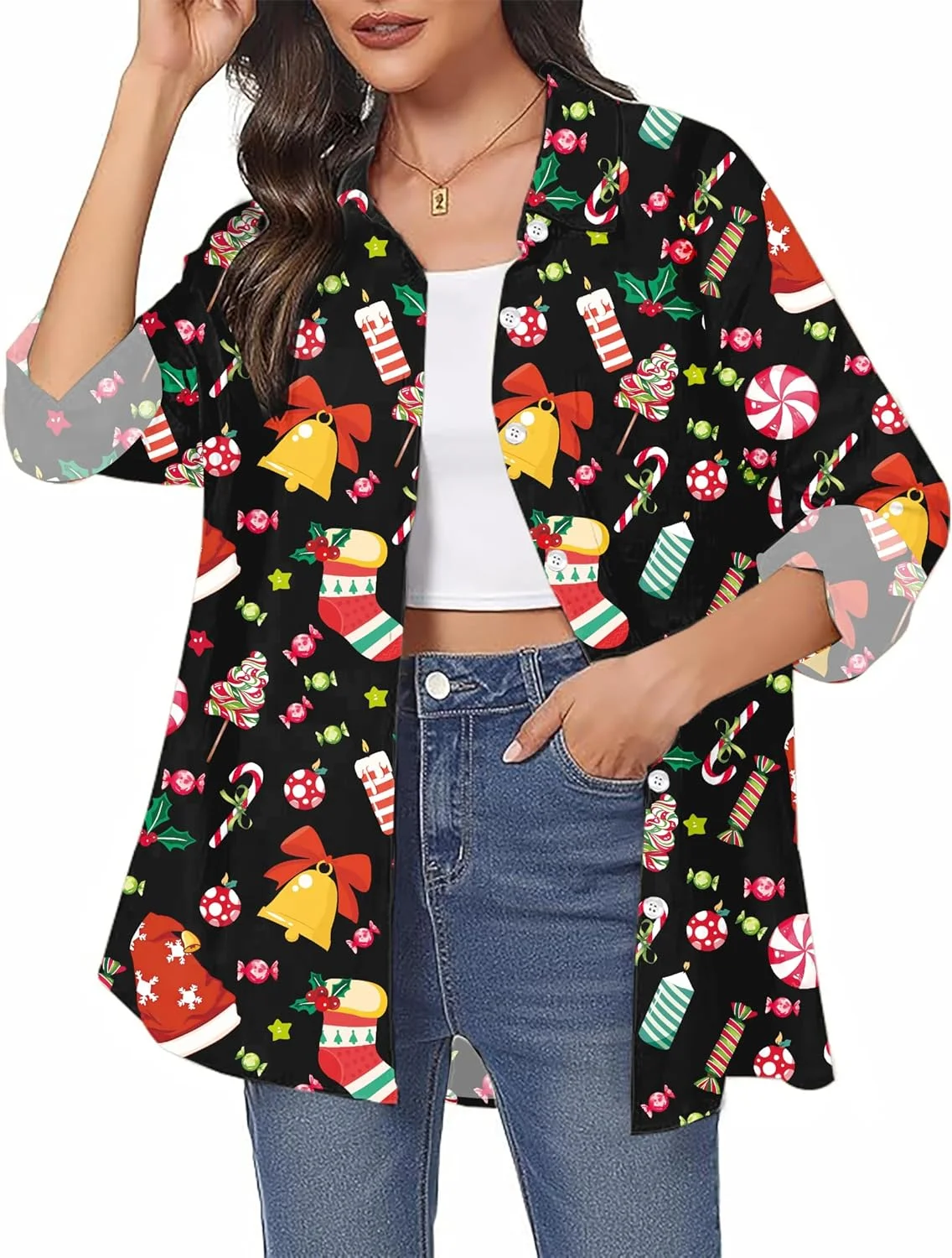 پیراهن های کریسمس زنانه PICKID: پیراهن دکمه دار هاوایی کریسمس، بلوز طرح گرافیکی بابانوئل وینتیج، هدیه کریسمس