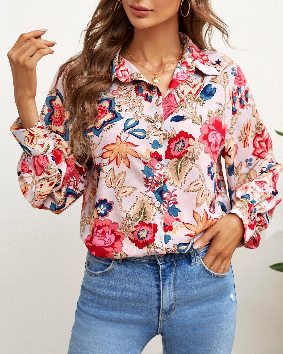 PLNOTME بلوز زنانه دکمه دار، آستین بلند، یقه دار، طرح گلدار، جنس شیفون، آبی روشن، سایز M