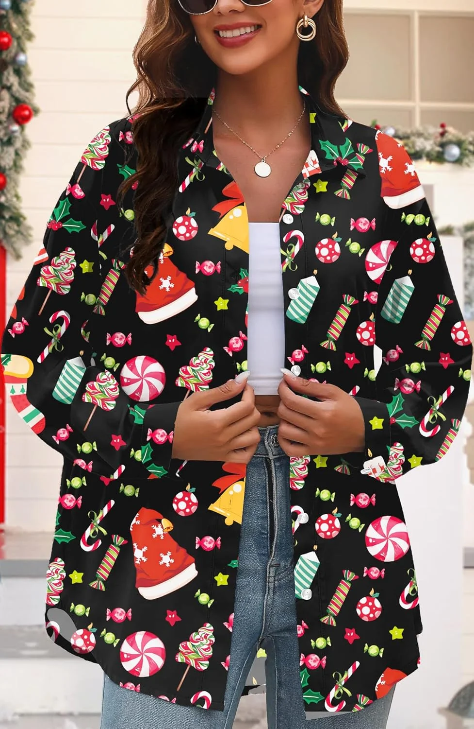 پیراهن های کریسمس زنانه PICKID: پیراهن دکمه دار هاوایی کریسمس، بلوز طرح گرافیکی بابانوئل وینتیج، هدیه کریسمس