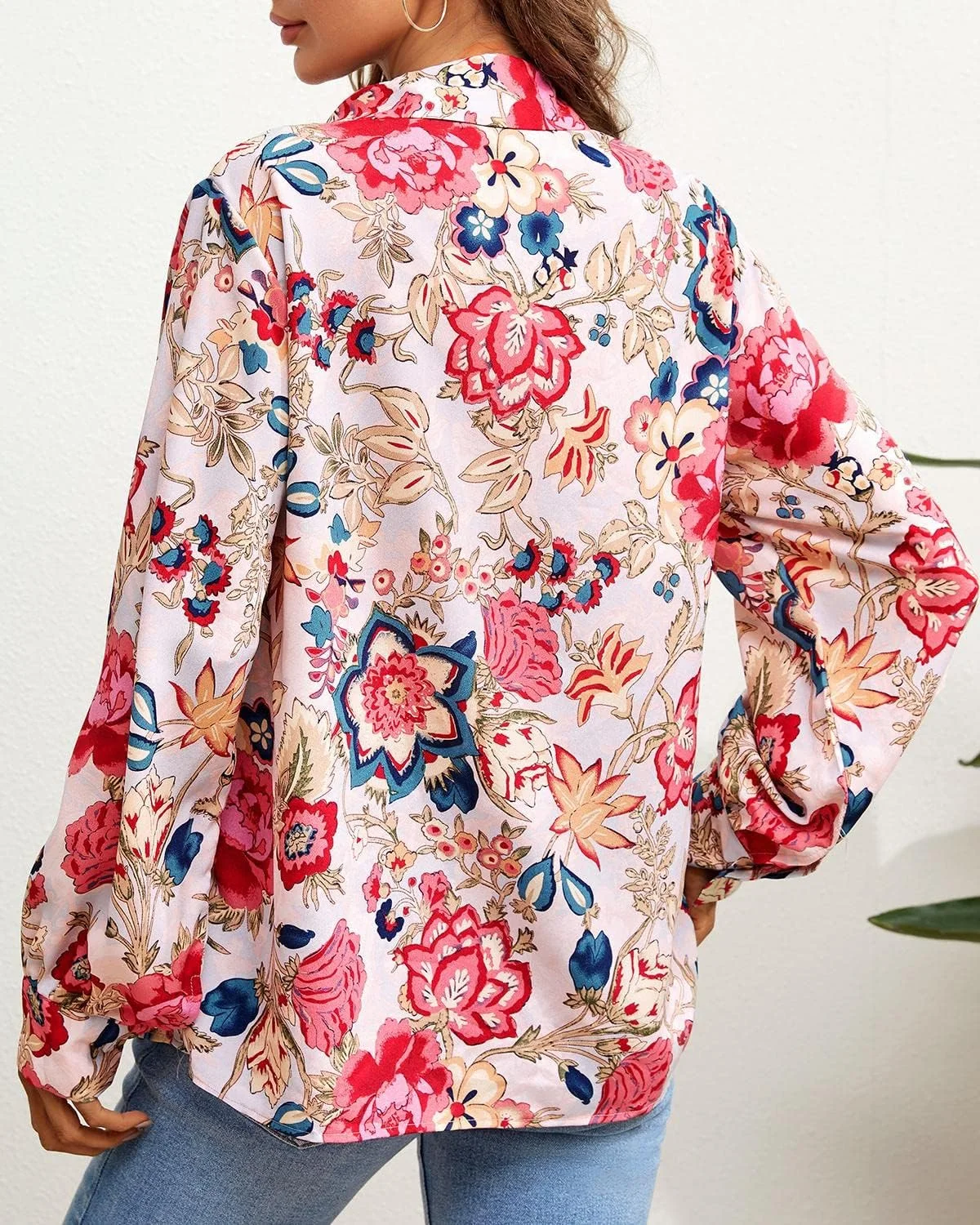 PLNOTME بلوز زنانه دکمه دار، آستین بلند، یقه دار، طرح گلدار، جنس شیفون، آبی روشن، سایز M