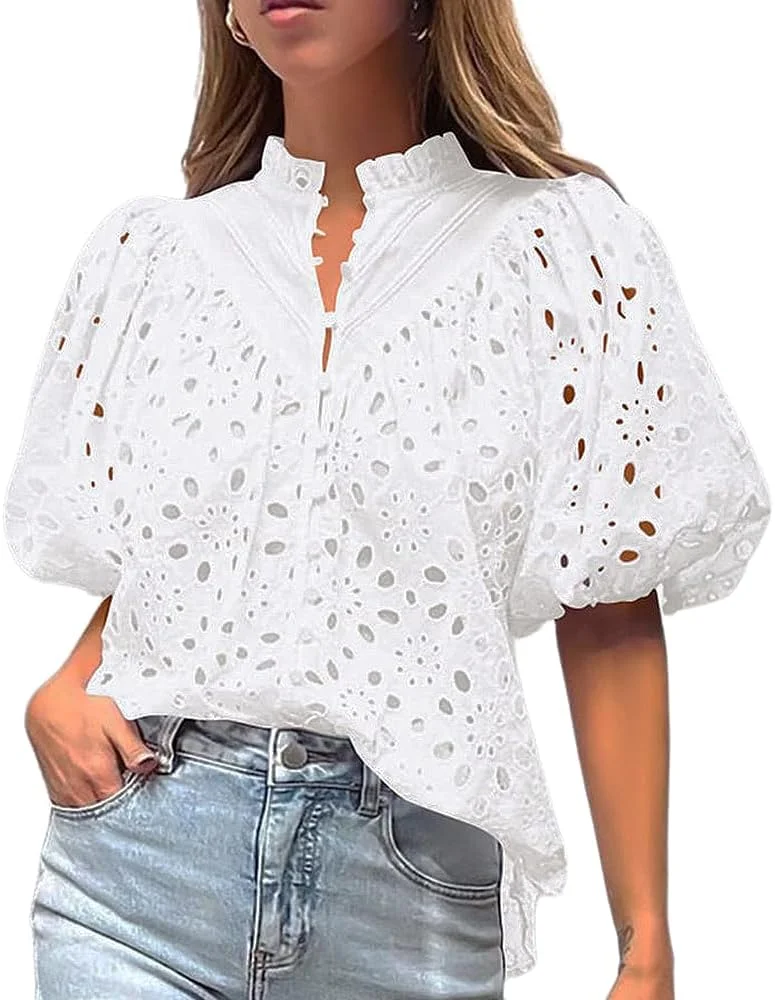 تاپ های زنانه چشمی، تاپ های تابستانی، بلوز آستین پفی نیمه خالی، پیراهن دکمه دار گلدوزی شده تاپ های زنانه چشمی، تاپ های تابستانی، بلوز آستین پفی نیمه خالی، پیراهن دکمه دار گلدوزی شده