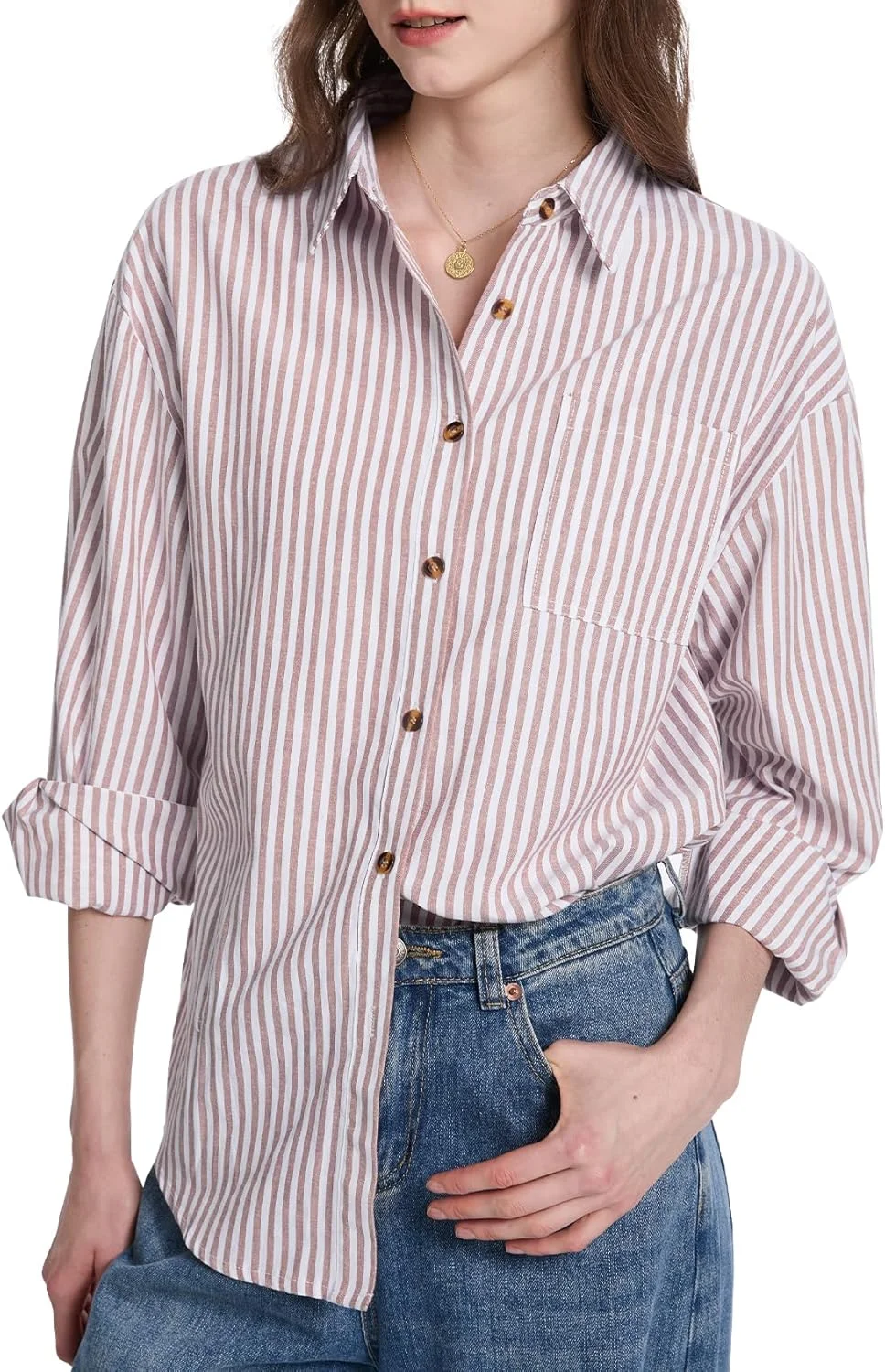 پیراهن راه راه دکمه دار زنانه پهما، آستین بلند، بلوز نخی با جیب مناسب استفاده روزمره در محیط کار پیراهن راه راه دکمه دار زنانه پهما، آستین بلند، بلوز نخی با جیب مناسب استفاده روزمره در محیط کار