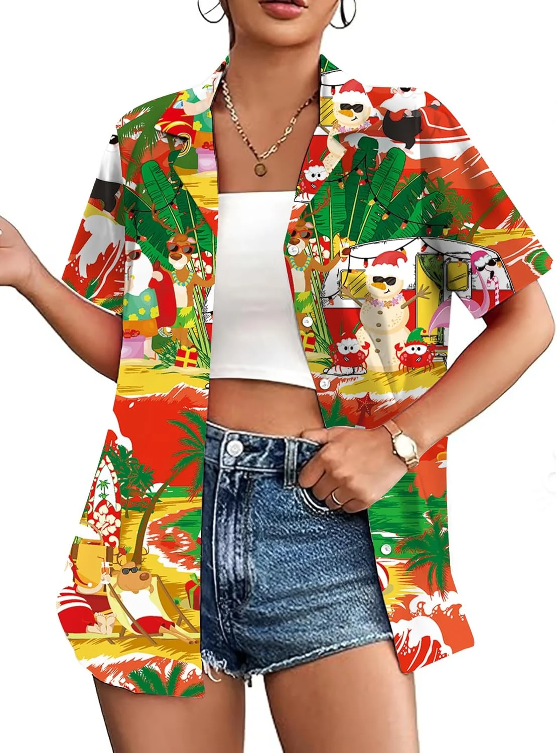 پیراهن زنانه پچار طرح کریسمس در جولای، تیشرت گرافیکی زشت بابانوئل کریسمس، بلوز دکمهدار هاوایی تابستانی پیراهن زنانه پچار طرح کریسمس در جولای، تیشرت گرافیکی زشت بابانوئل کریسمس، بلوز دکمهدار هاوایی تابستانی