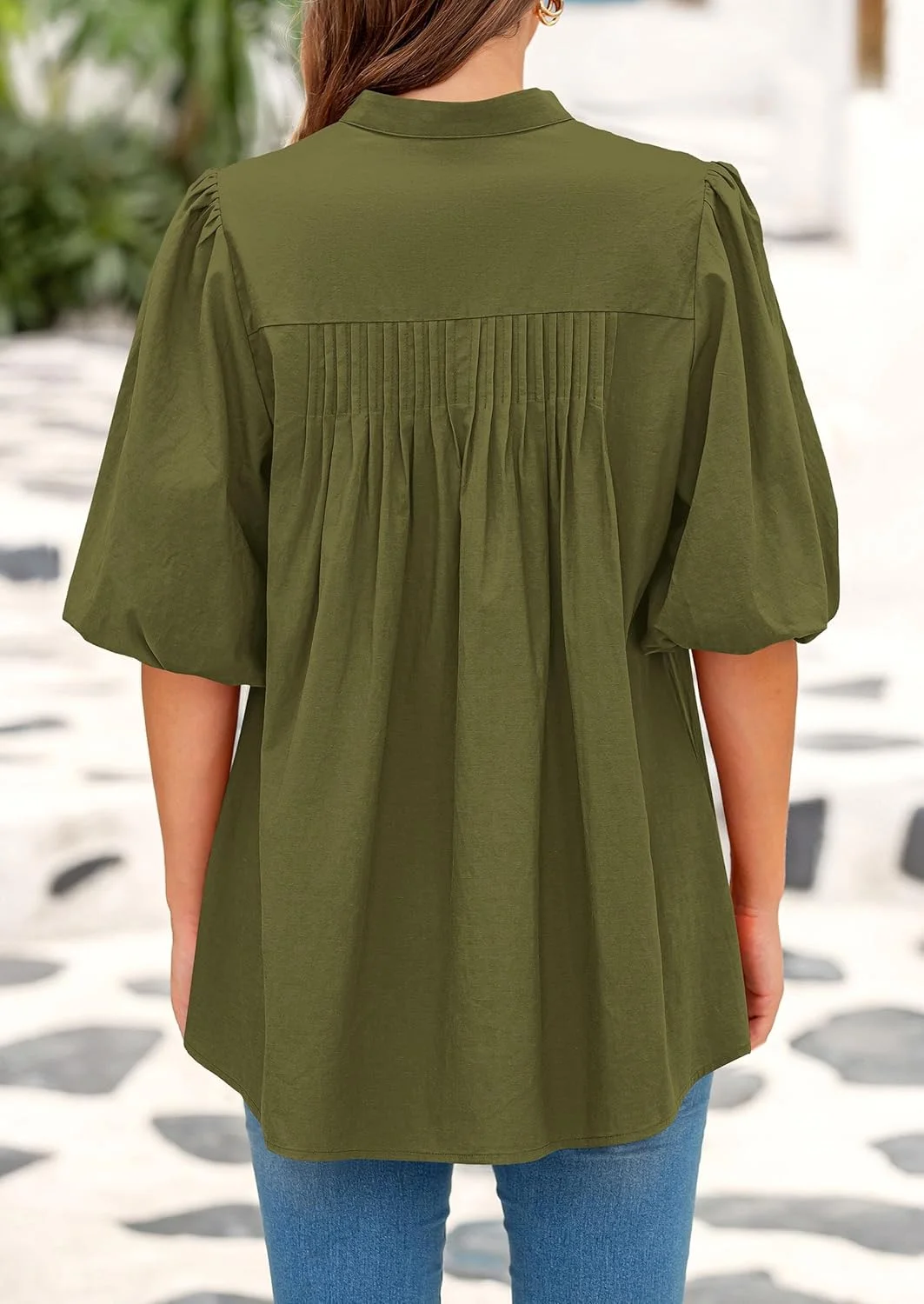 PRETTYGARDEN تاپ آستین فانوسی کوتاه زنانه تابستانی 2025، بلوز دکمه دار گشاد، بلوزهای یقه هفت چین دار غیر رسمی