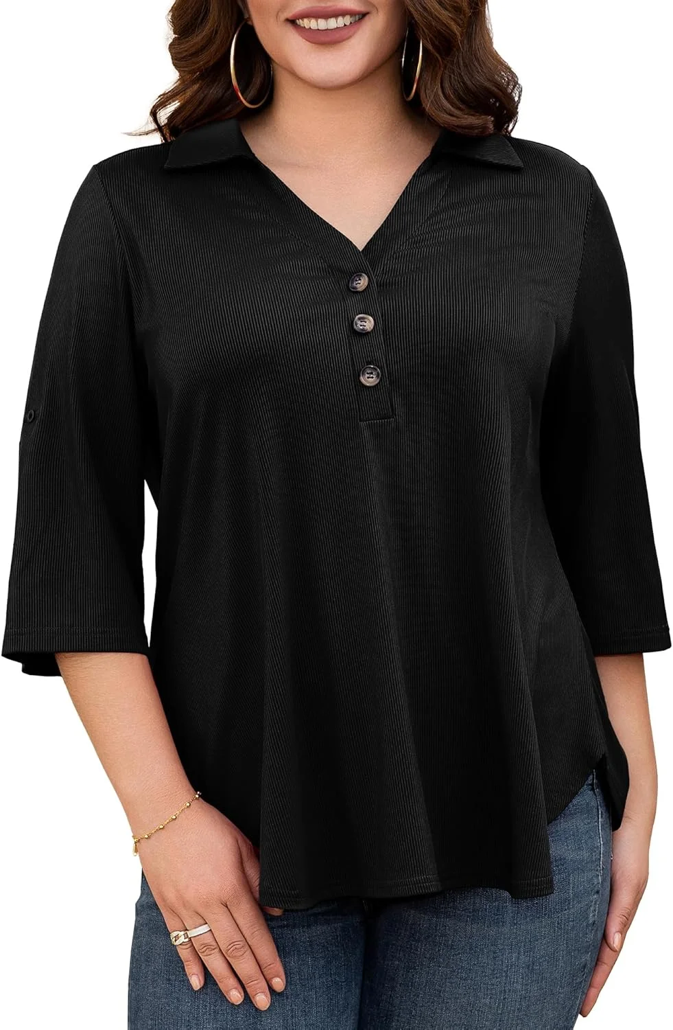 پلاساشن تاپ زنانه سایز بزرگ، بلوز آستین سه ربع دکمه دار یقه هفت، تی شرت های تونیک با فیت آزاد