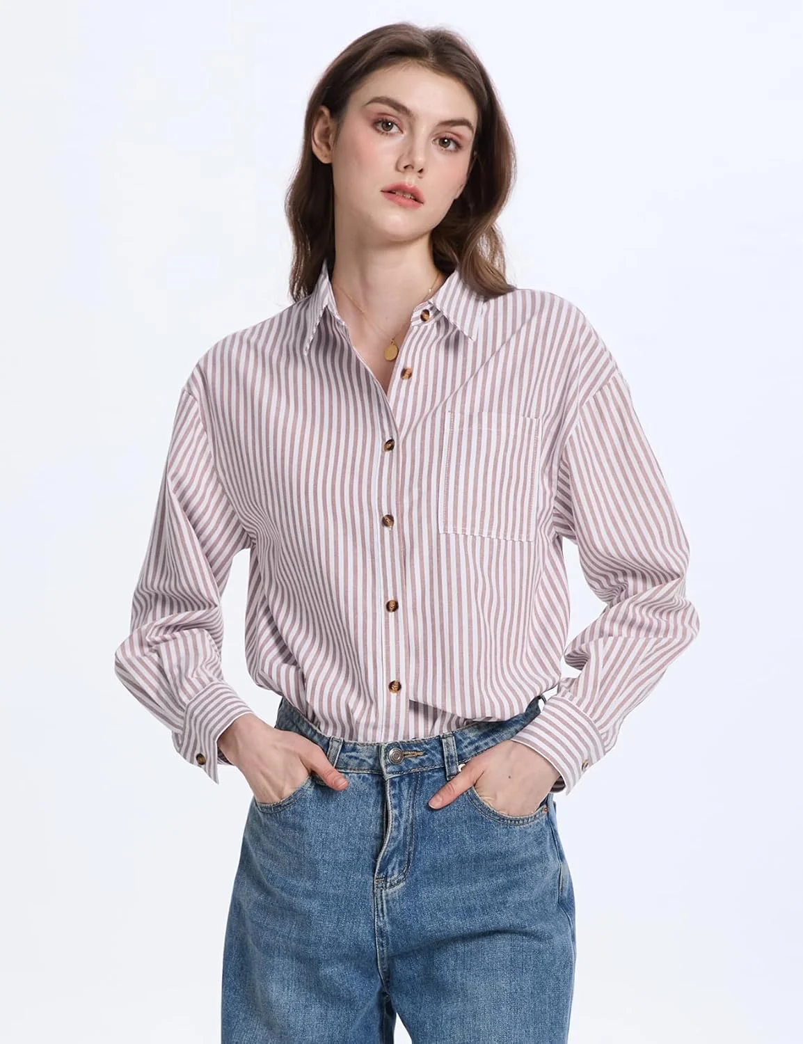 پیراهن راه راه دکمه دار زنانه پهما، آستین بلند، بلوز نخی با جیب مناسب استفاده روزمره در محیط کار