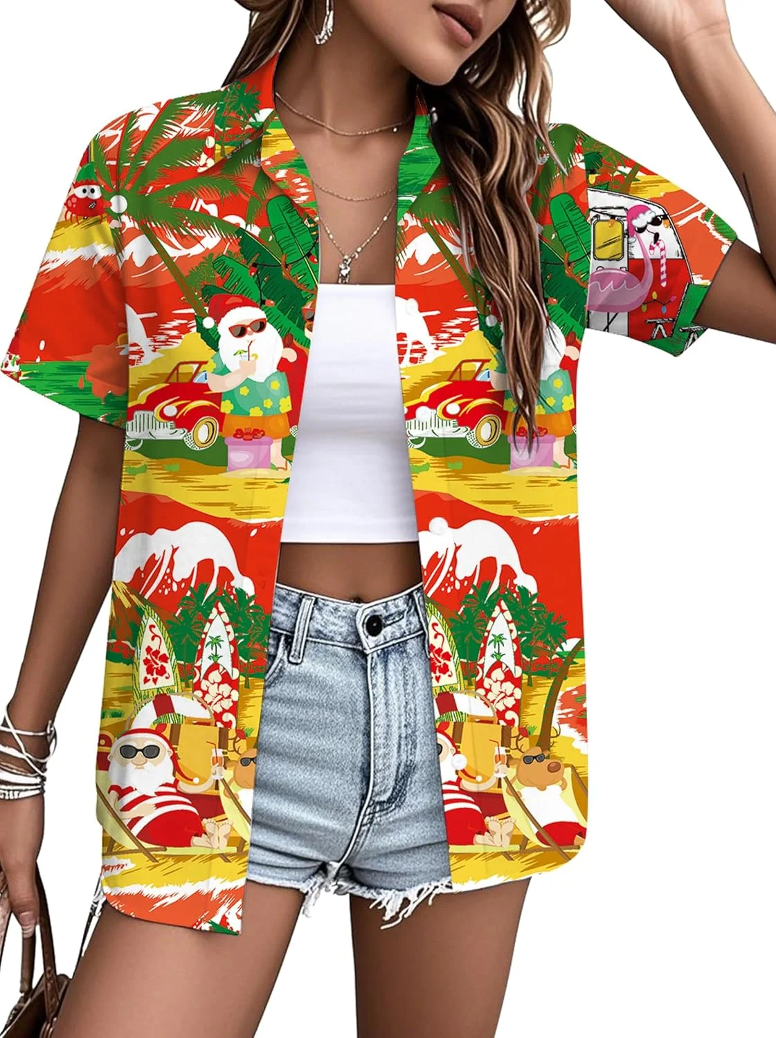 پیراهن زنانه پچار طرح کریسمس در جولای، تی‌شرت گرافیکی زشت بابانوئل کریسمس، بلوز دکمه‌دار هاوایی تابستانی