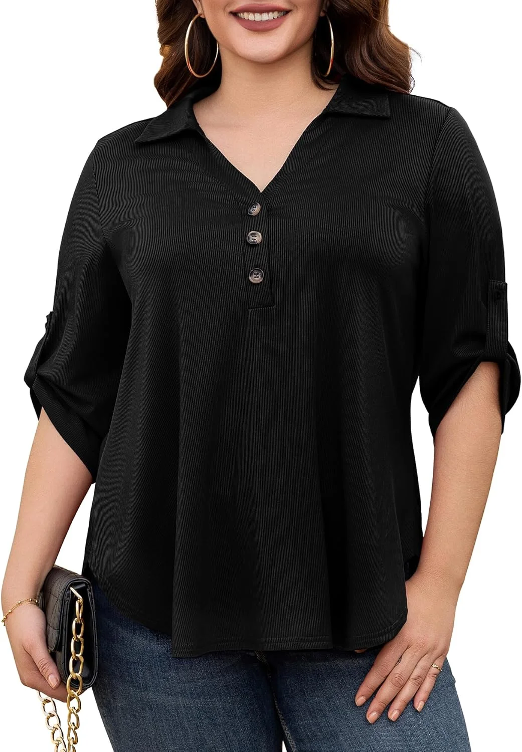پلاساشن تاپ زنانه سایز بزرگ، بلوز آستین سه ربع دکمه دار یقه هفت، تی شرت های تونیک با فیت آزاد