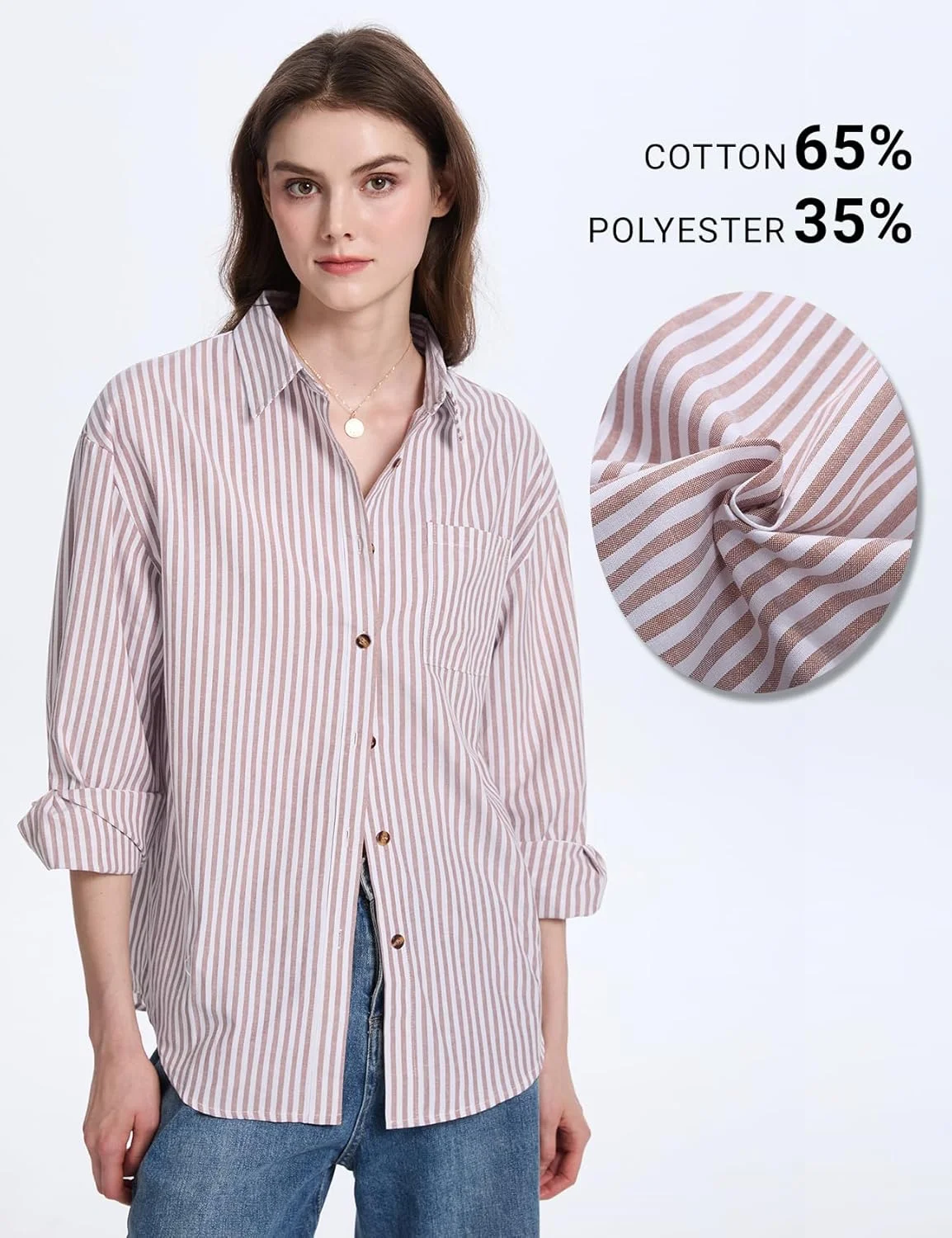 پیراهن راه راه دکمه دار زنانه پهما، آستین بلند، بلوز نخی با جیب مناسب استفاده روزمره در محیط کار