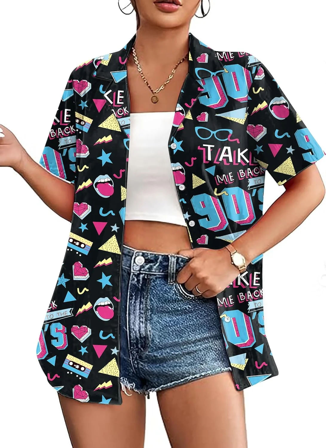 پیراهن هاوایی زنانه پچار، طرح دهه 80 و 90، مناسب مهمانی های رترو، دیسکو و لباس های نئون، بلوز دکمه دار