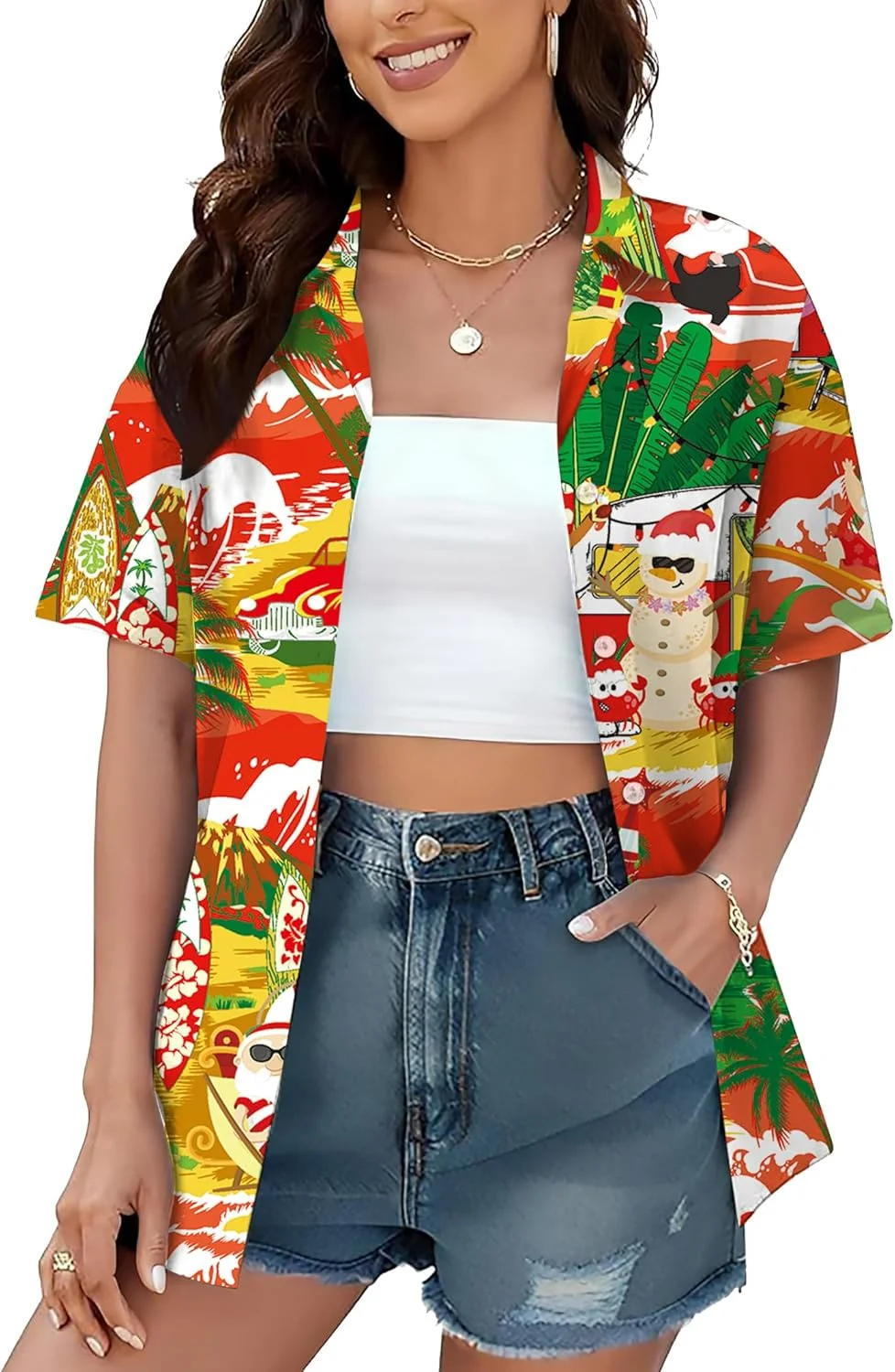 پیراهن زنانه پچار طرح کریسمس در جولای، تی‌شرت گرافیکی زشت بابانوئل کریسمس، بلوز دکمه‌دار هاوایی تابستانی