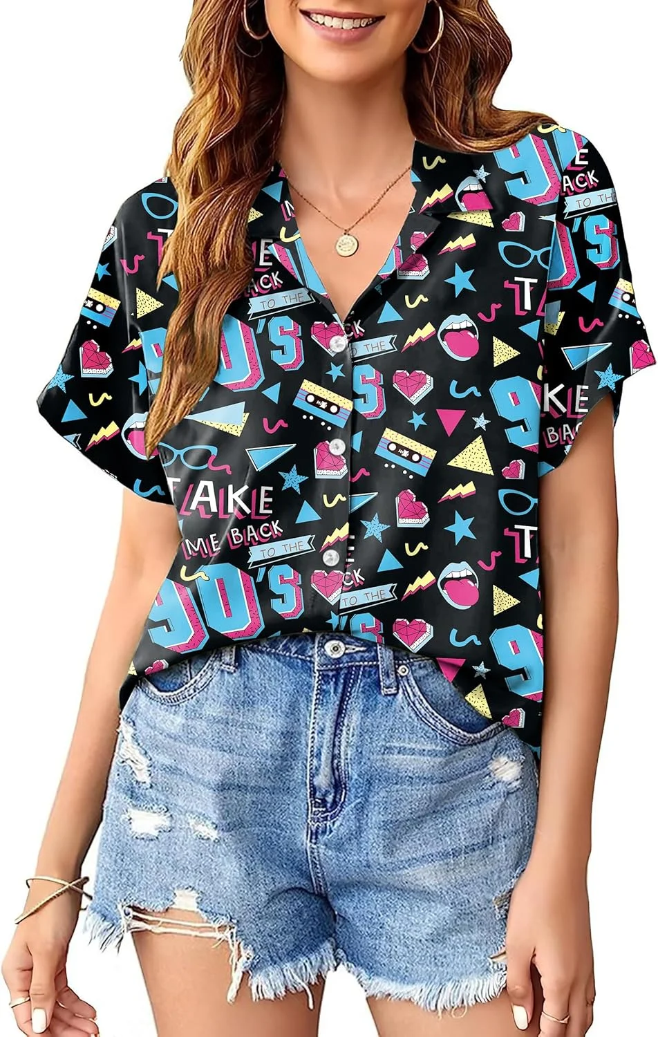 پیراهن هاوایی زنانه پچار، طرح دهه 80 و 90، مناسب مهمانی های رترو، دیسکو و لباس های نئون، بلوز دکمه دار