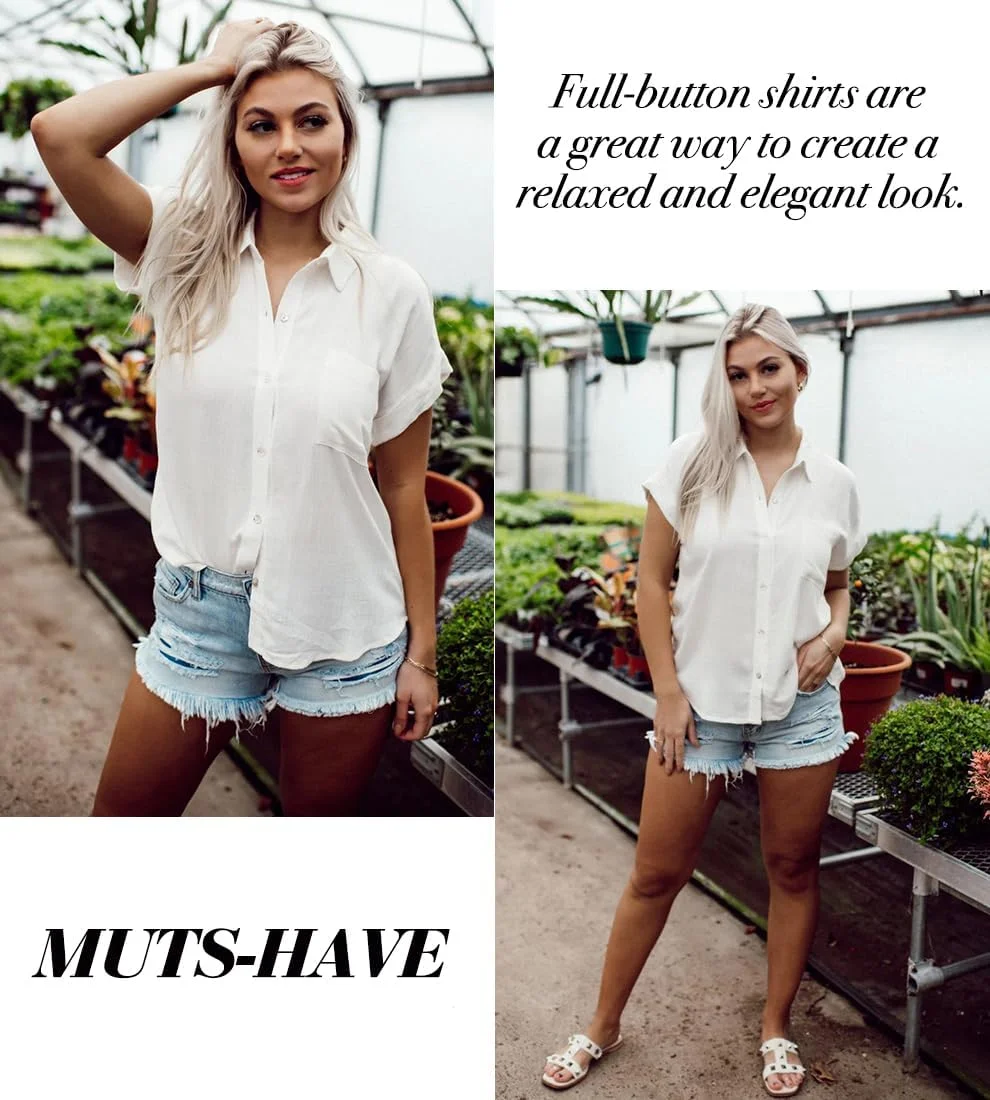 بلوزهای دکمه دار زنانه Pausus با جیب، آستین کوتاه، بلوز اداری، یقه هفت، تاپ های غیر رسمی تجاری، پیراهن های اسلیم فیت