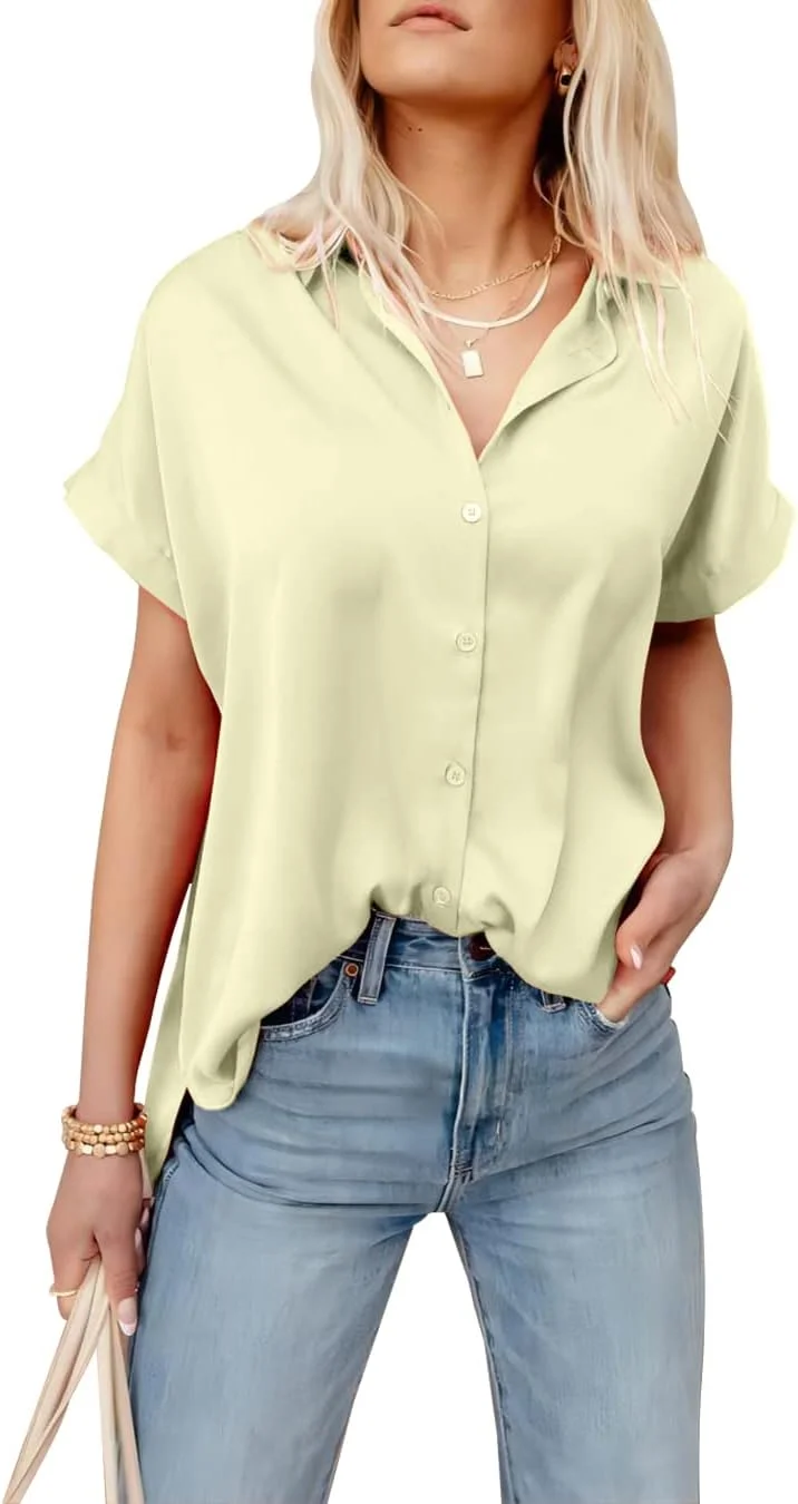 پیراهن دکمه دار ساتن Pausus زنانه آستین کوتاه بلوز اداری تاپ ابریشمی تجاری غیر رسمی Slim Fit پیراهن دکمه دار ساتن Pausus زنانه آستین کوتاه بلوز اداری تاپ ابریشمی تجاری غیر رسمی Slim Fit