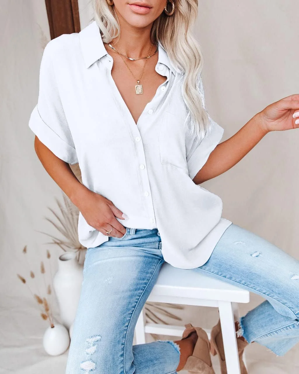 بلوزهای دکمه دار زنانه Pausus با جیب، آستین کوتاه، بلوز اداری، یقه هفت، تاپ های غیر رسمی تجاری، پیراهن های اسلیم فیت
