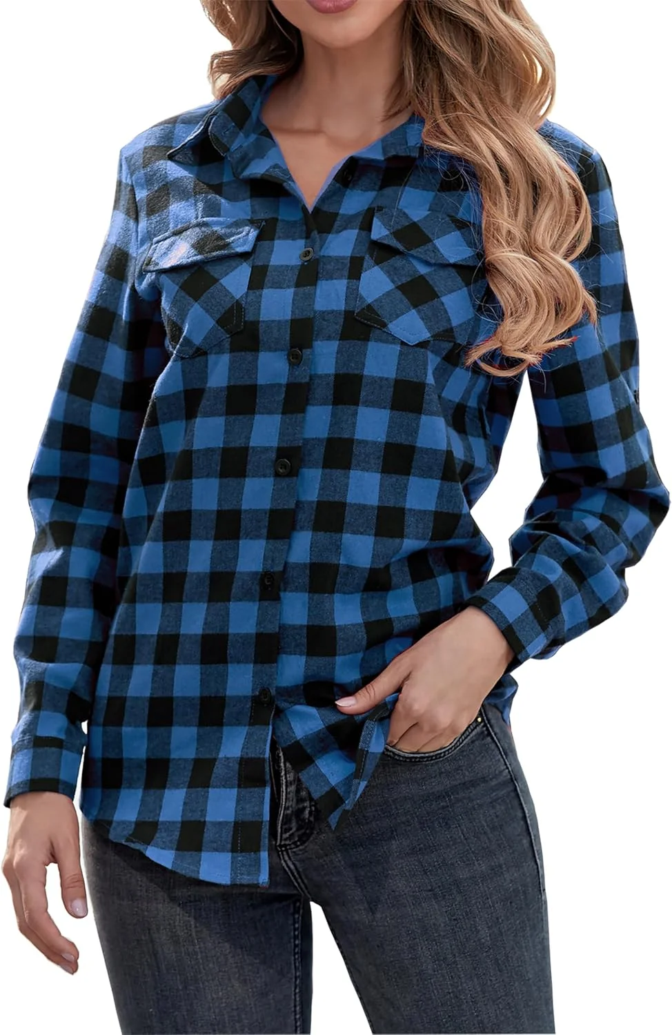 اویمیکی، بلوز زنانه آستین بلند دکمه دار چهارخانه فلانل