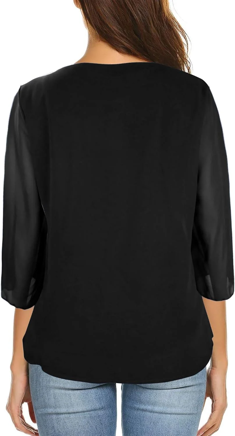 بلوزهای زنانه آویامیکی با آستین سه ربع و لایه ای از جنس شیفون روان، پیراهن های یقه گرد