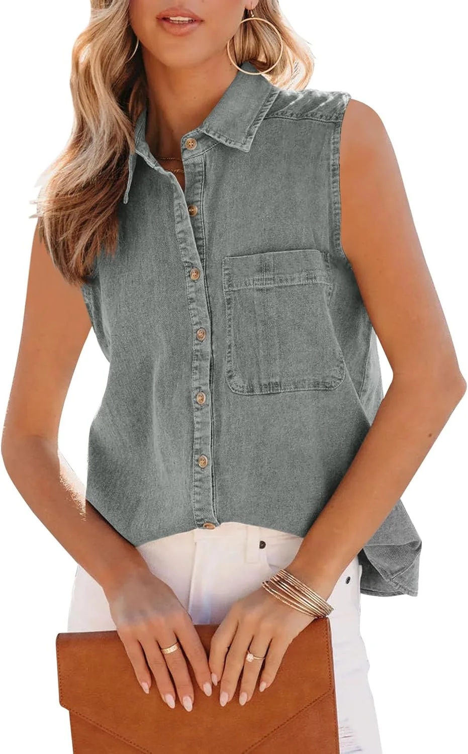 تاپ جین زنانه ارکیدیز، یقه هفت، دکمه دار، پیراهن بدون آستین یقه دار، بلوز تاپ غیر رسمی