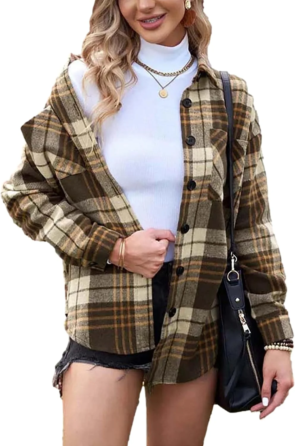 پیراهن چهارخانه فلانل زنانه Oulivey، دکمه دار، مدل بوفالو، بلوز و تاپ با جیب