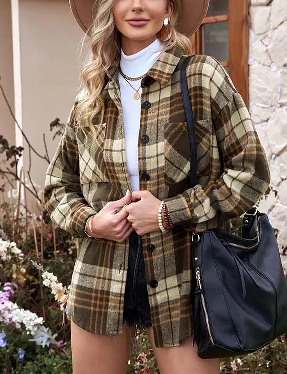 پیراهن چهارخانه فلانل زنانه Oulivey، دکمه دار، مدل بوفالو، بلوز و تاپ با جیب