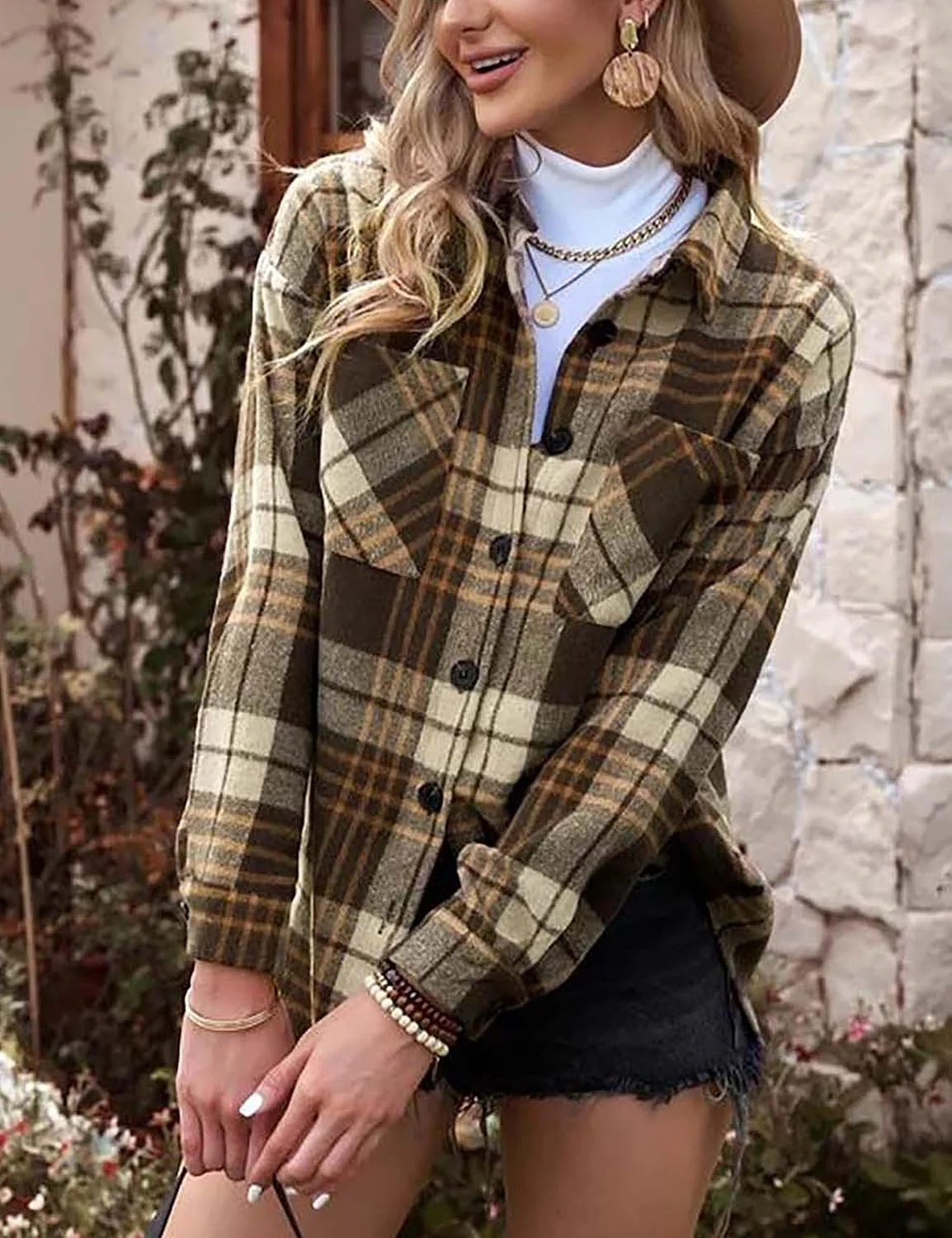 پیراهن چهارخانه فلانل زنانه Oulivey، دکمه دار، مدل بوفالو، بلوز و تاپ با جیب