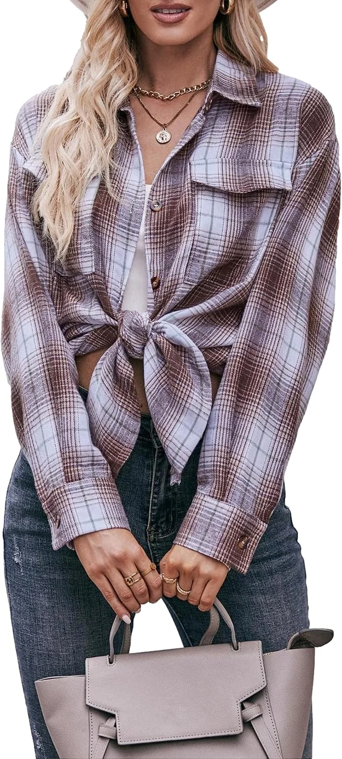 پیراهن های فلانل چهارخانه زنانه Oulivey آستین بلند دکمه دار گشاد مدل Boyfriend