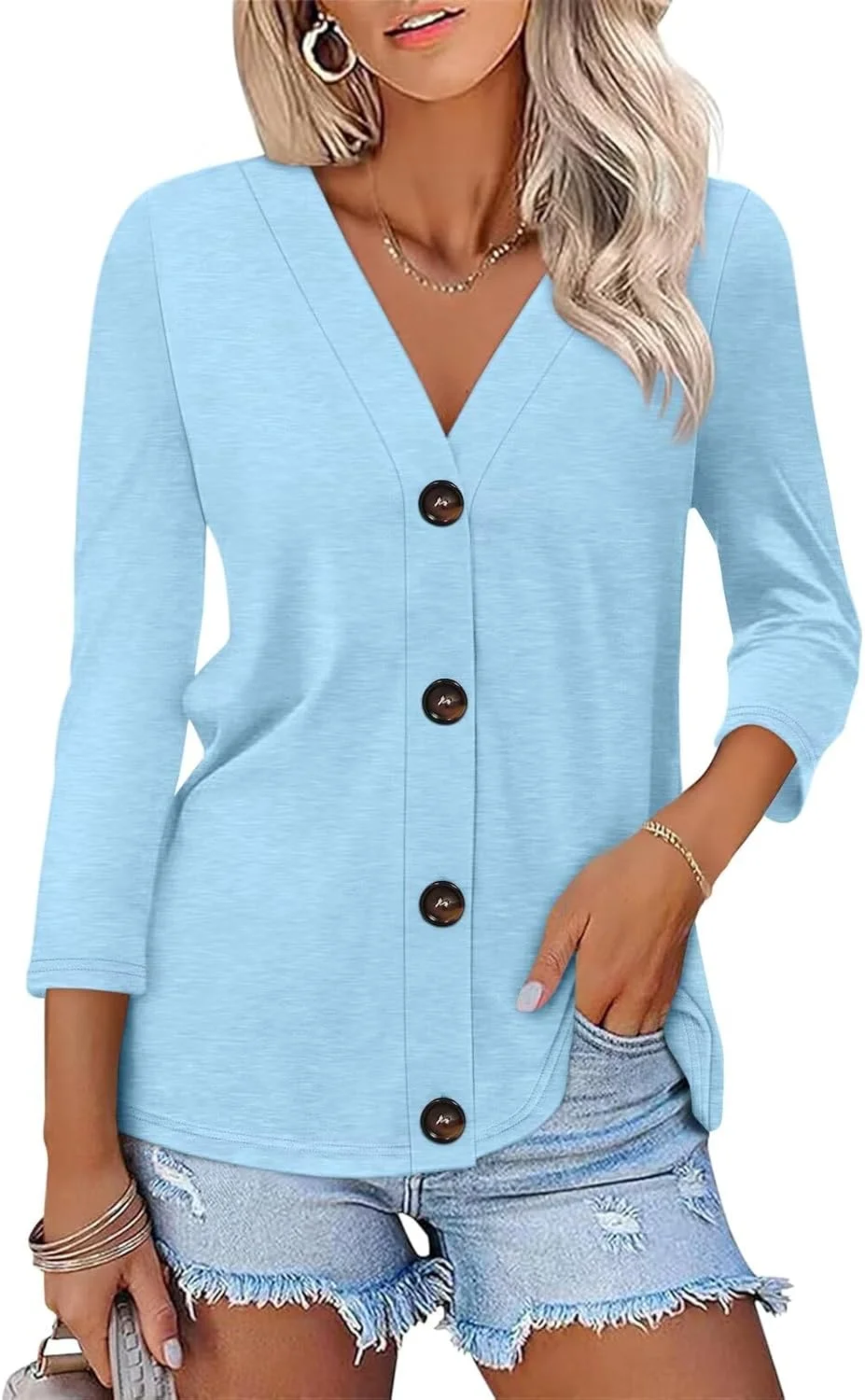 پیراهن دکمه دار زنانه ORANDESIGNE آستین سه ربع مناسب تابستان، تیشرت های پایه زنانه