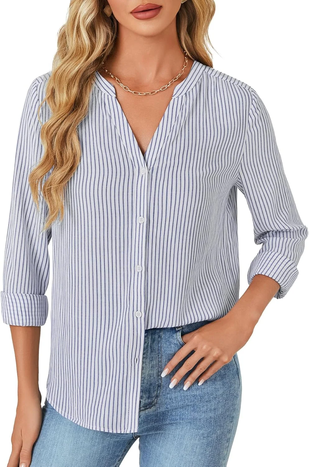 اوپویپین بلوز زنانه راه راه یقه هفت دکمه دار آستین بلند مناسب کار