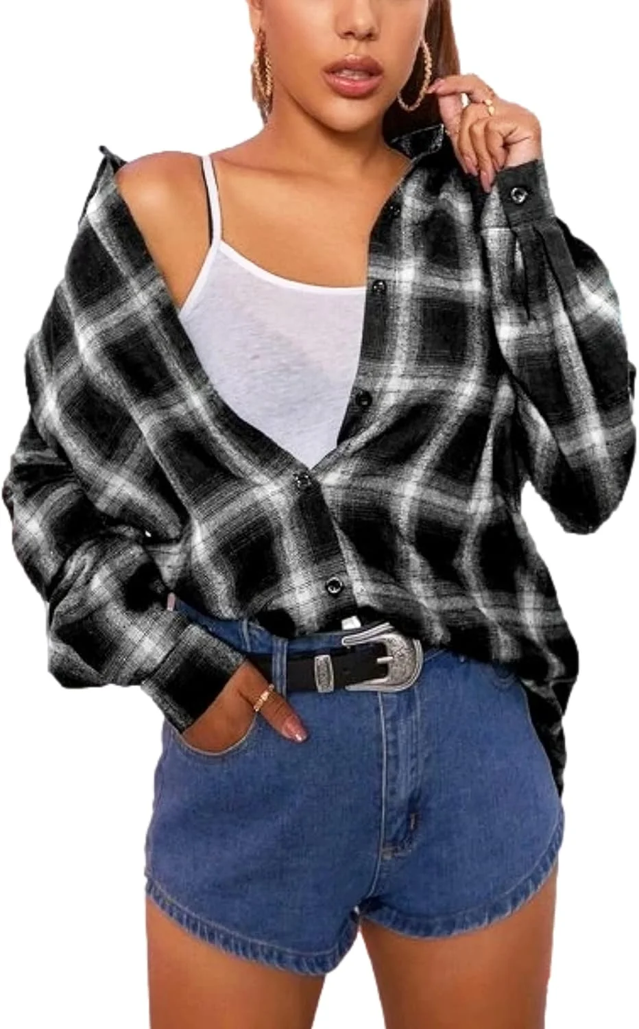 پیراهن های فلانل چهارخانه زنانه Oulivey، دکمه دار، آستین بلند، مدل بوفالو، بلوز و تاپ های بزرگ