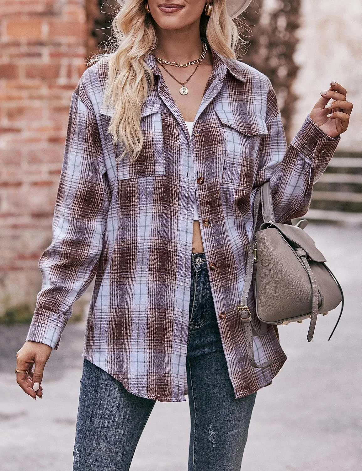 پیراهن های فلانل چهارخانه زنانه Oulivey آستین بلند دکمه دار گشاد مدل Boyfriend