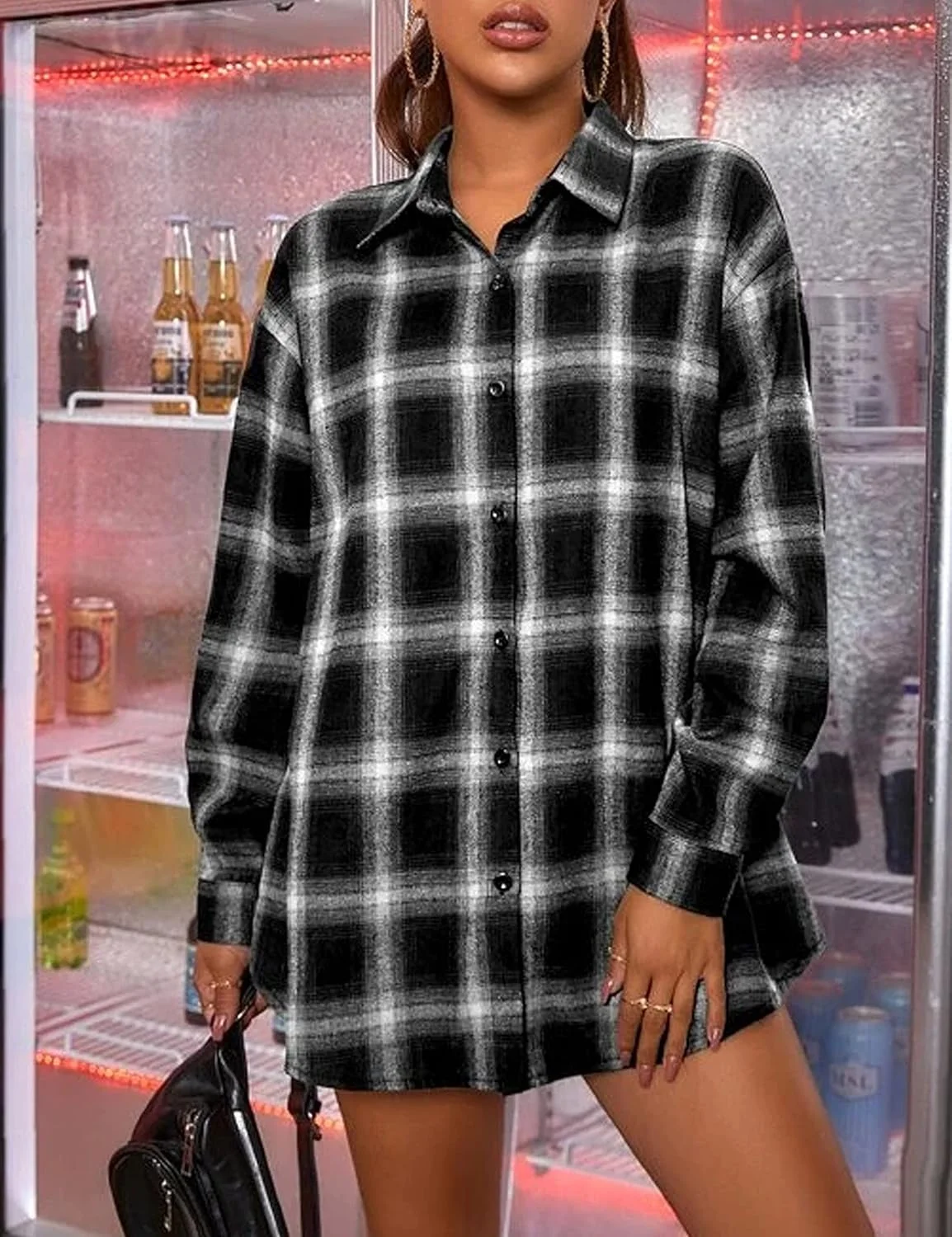 پیراهن های فلانل چهارخانه زنانه Oulivey، دکمه دار، آستین بلند، مدل بوفالو، بلوز و تاپ های بزرگ