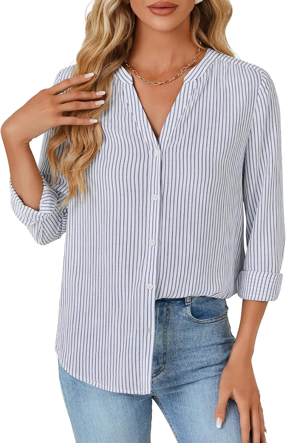 اوپویپین بلوز زنانه راه راه یقه هفت دکمه دار آستین بلند مناسب کار