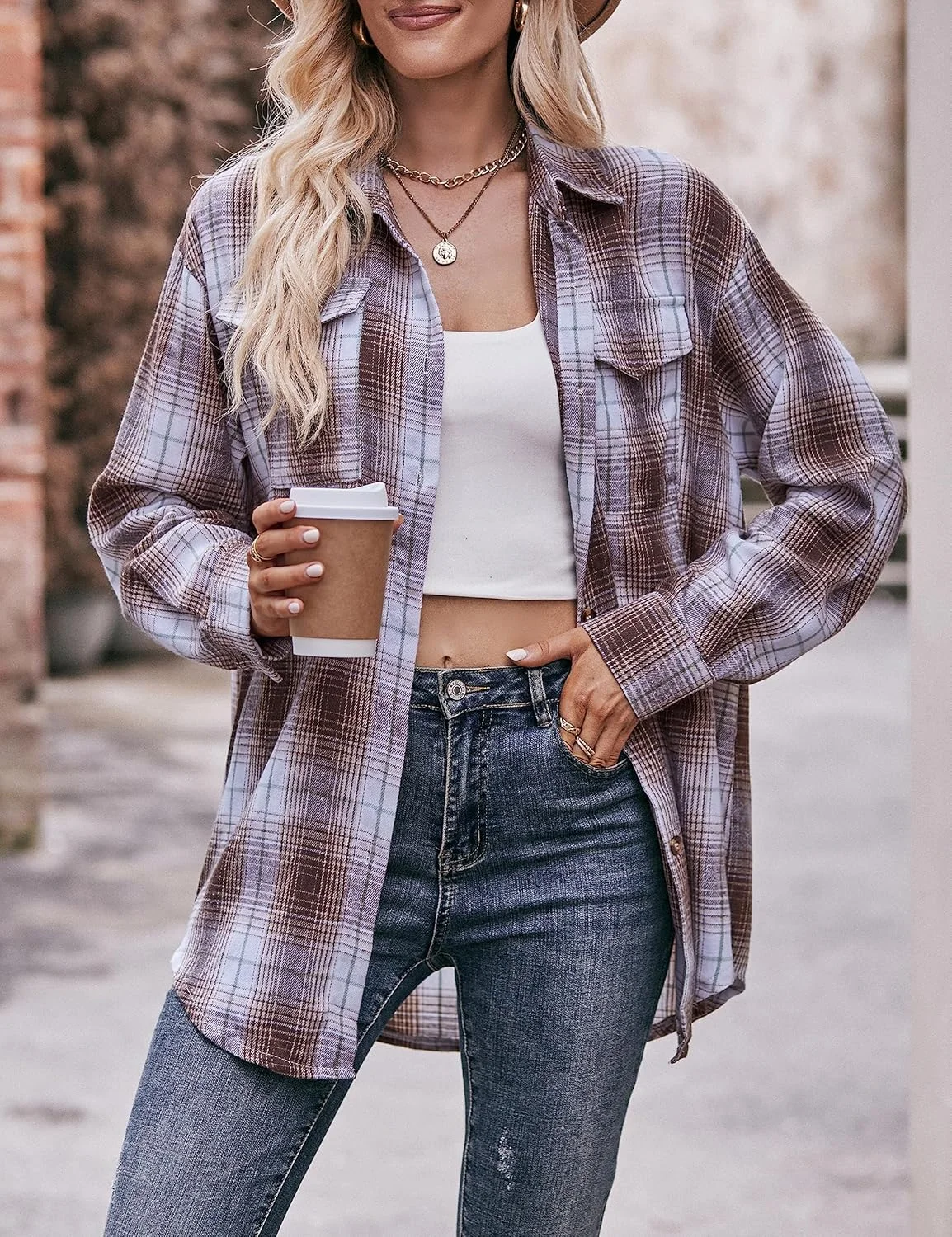 پیراهن های فلانل چهارخانه زنانه Oulivey آستین بلند دکمه دار گشاد مدل Boyfriend