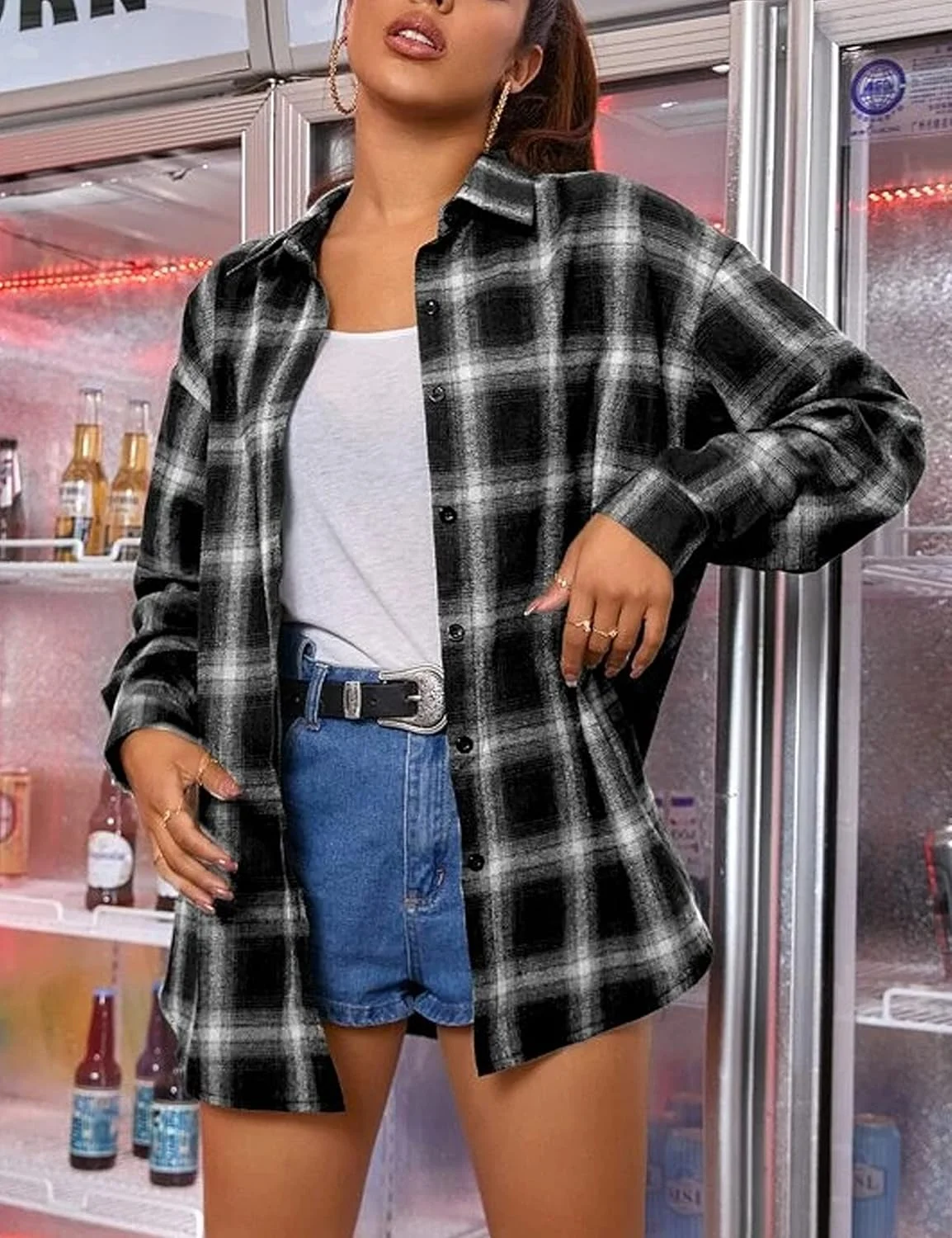 پیراهن های فلانل چهارخانه زنانه Oulivey، دکمه دار، آستین بلند، مدل بوفالو، بلوز و تاپ های بزرگ