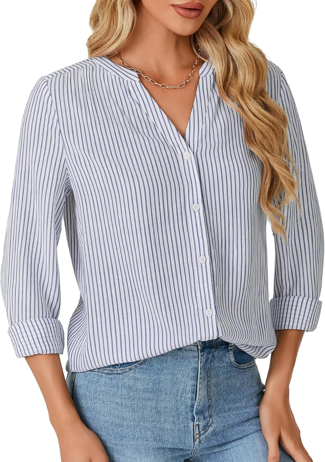 اوپویپین بلوز زنانه راه راه یقه هفت دکمه دار آستین بلند مناسب کار