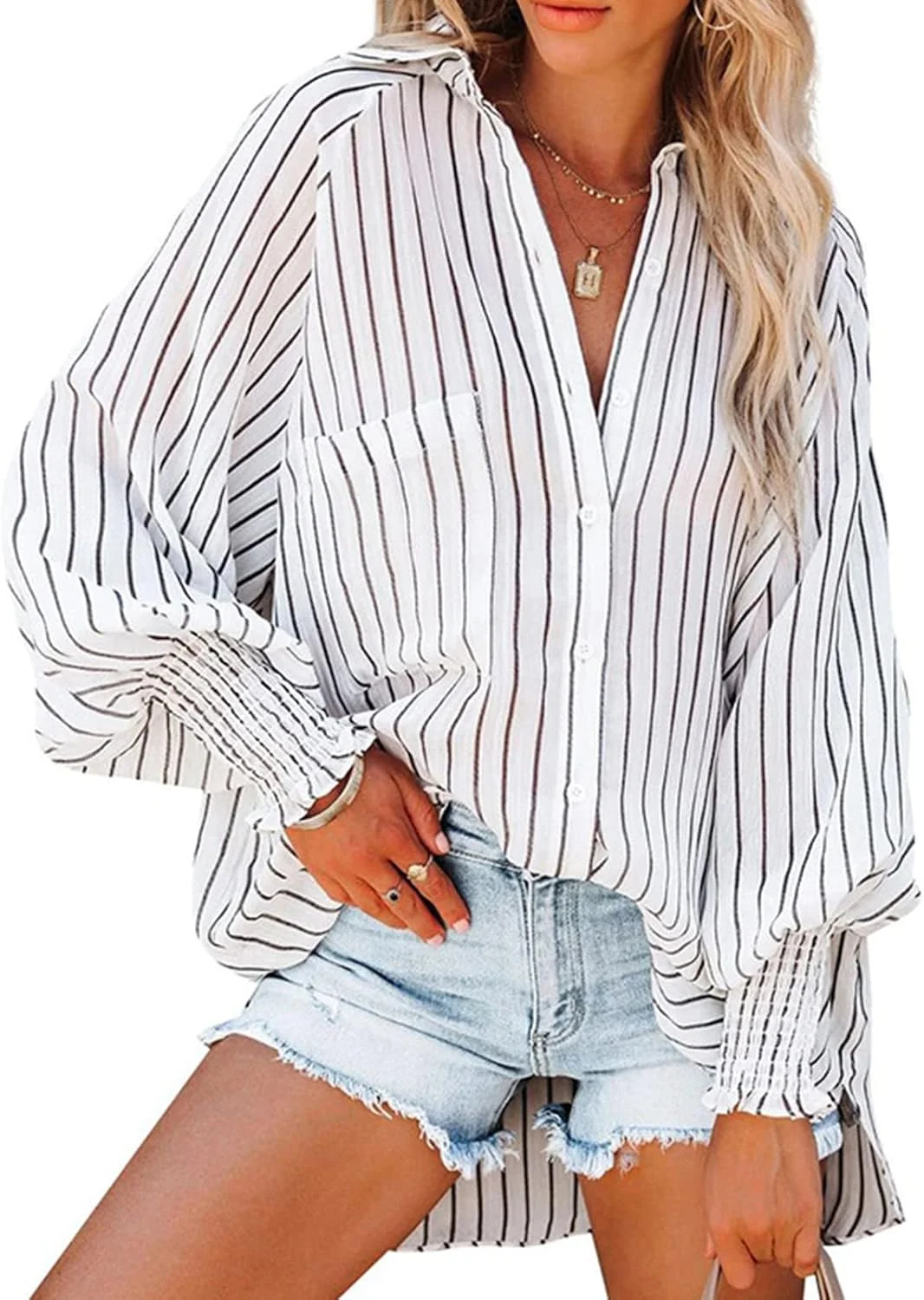 بلوز زنانه دکمه دار سایز بزرگ آستین بلند یقه برگردان یقه هفت تاپ های گشاد غیر رسمی پایه تابستانی با جیب