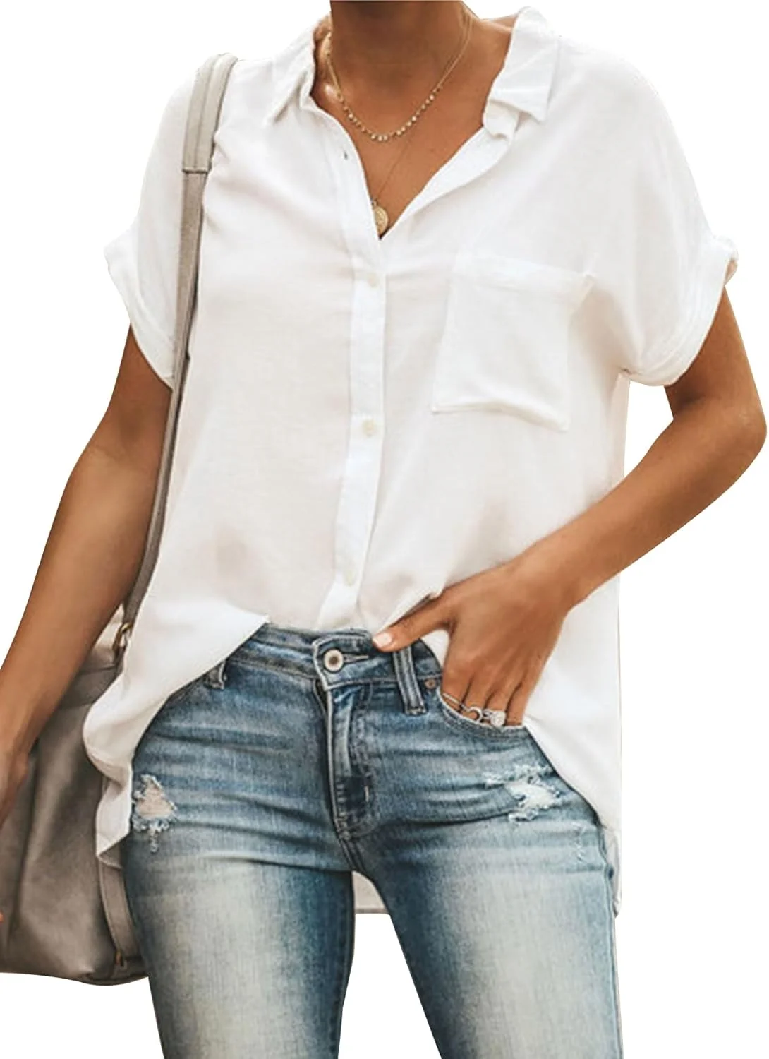 بلوز زنانه OPOIPIN دکمه دار یقه V آستین کوتاه با جیب