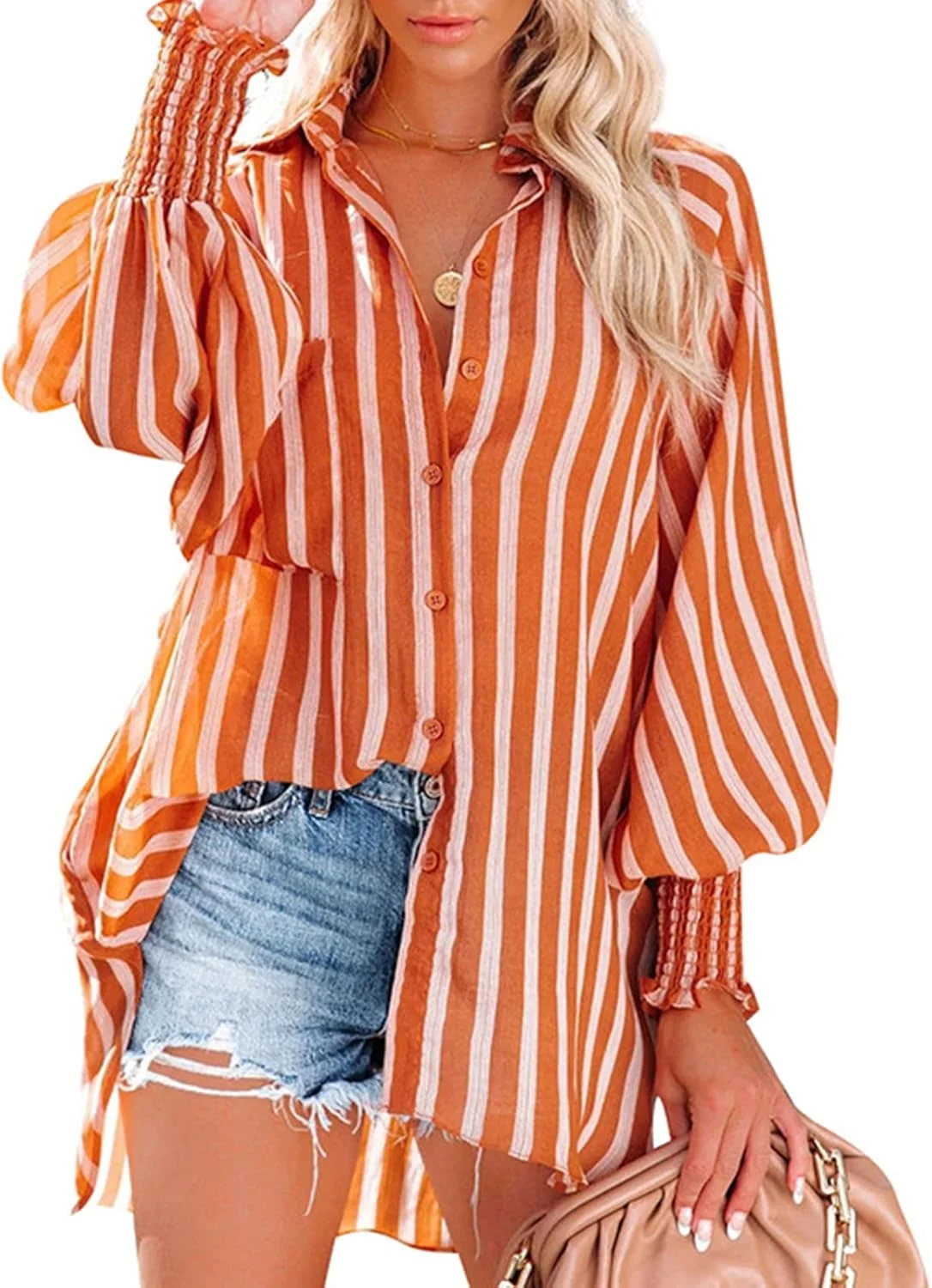 بلوز زنانه دکمه دار سایز بزرگ آستین بلند یقه برگردان یقه هفت تاپ های گشاد غیر رسمی پایه تابستانی با جیب