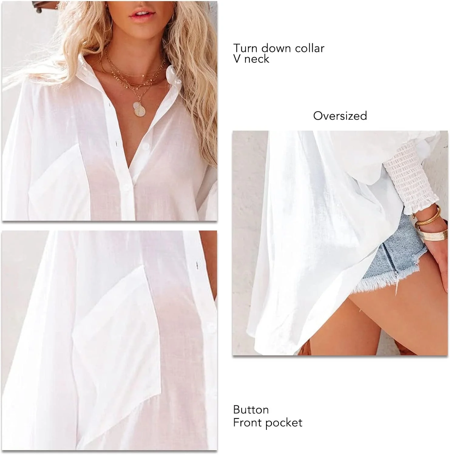 پیراهن دکمه دار زنانه سایز بزرگ آستین بلند یقه برگردان یقه هفت بلوز تابستانی پایه ای غیر رسمی گشاد یقه دار جیب دار
