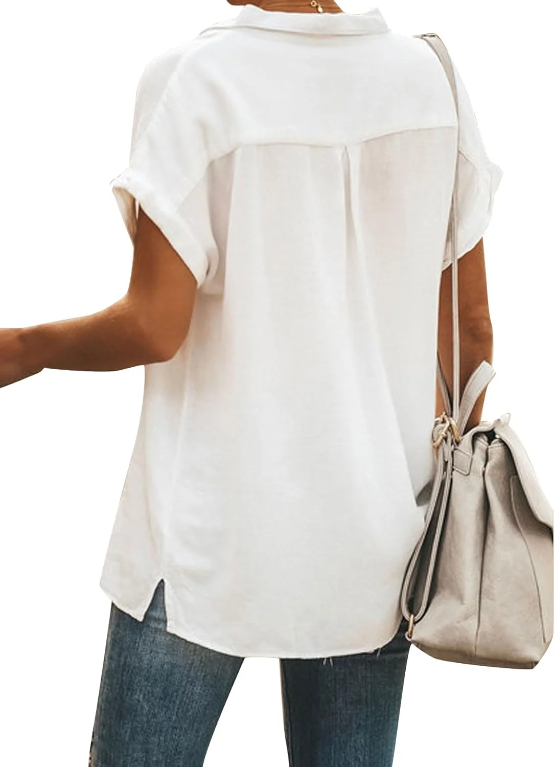 بلوز زنانه OPOIPIN دکمه دار یقه V آستین کوتاه با جیب