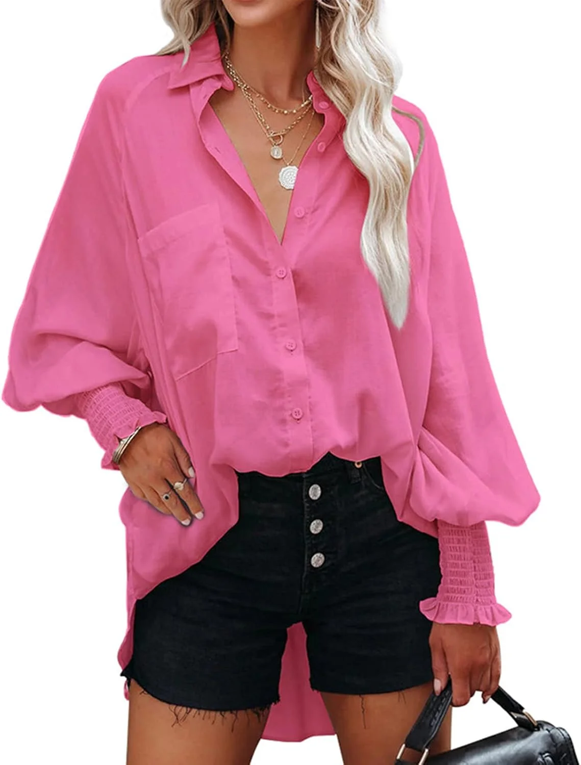 پیراهن دکمه دار زنانه سایز بزرگ آستین بلند یقه برگردان یقه هفت بلوز تابستانی پایه ای غیر رسمی گشاد جیب دار