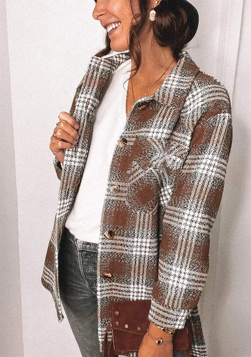 OMZIN ژاکت پیراهن زنانه، مدل چوب‌بر، بلوز شهری، بلوز اورسایز چهارخانه، بلوز چهارخانه پاییزی، ژاکت پایه چهارخانه رترو سایز S-3XL