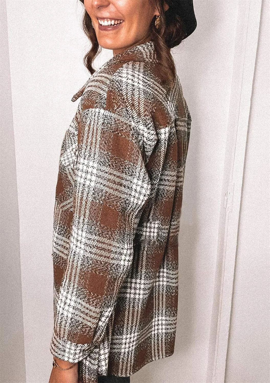 OMZIN ژاکت پیراهن زنانه، مدل چوب‌بر، بلوز شهری، بلوز اورسایز چهارخانه، بلوز چهارخانه پاییزی، ژاکت پایه چهارخانه رترو سایز S-3XL