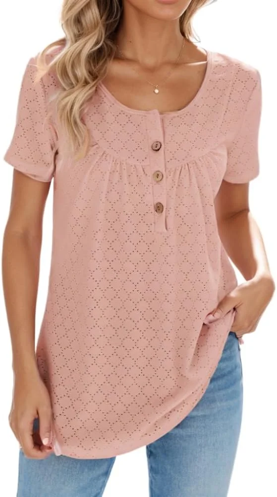 Nupucy تیشرت زنانه دکمه دار آستین کوتاه یقه گرد مناسب بهار و تابستان، بلوز تونیک کشی و آزاد زنانه 2024
