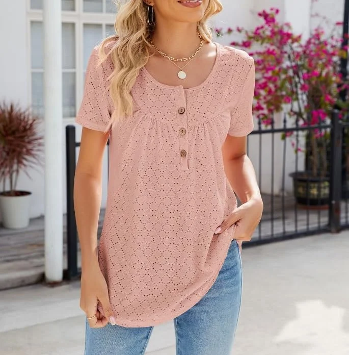 Nupucy تیشرت زنانه دکمه دار آستین کوتاه یقه گرد مناسب بهار و تابستان، بلوز تونیک کشی و آزاد زنانه 2024