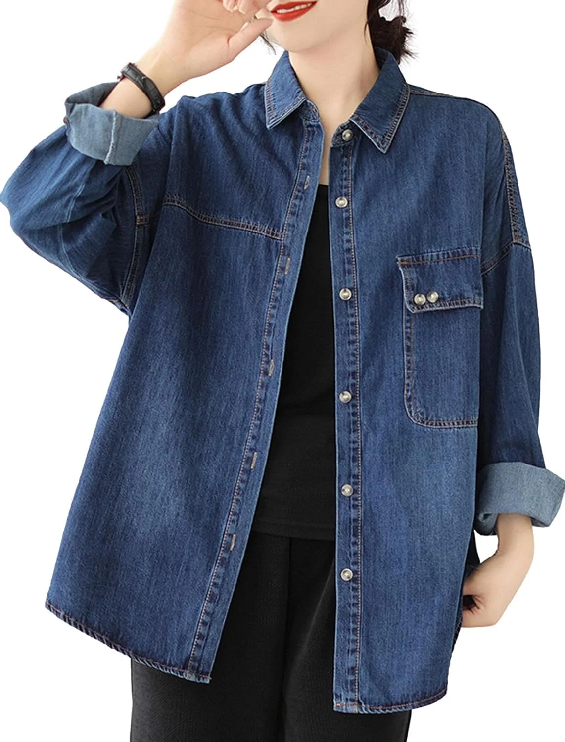 پیراهن جین زنانه Oaovo، دکمه دار، آستین بلند، مدل آزاد، سبک Chambray وسترن